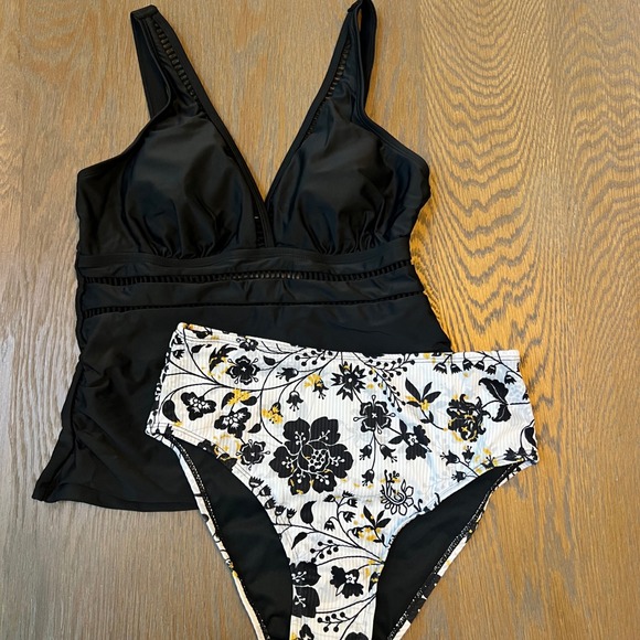 Black Floral Tankini Swimsuit Set Two Piece Bathing Suit Womens - Picture 1 of 2